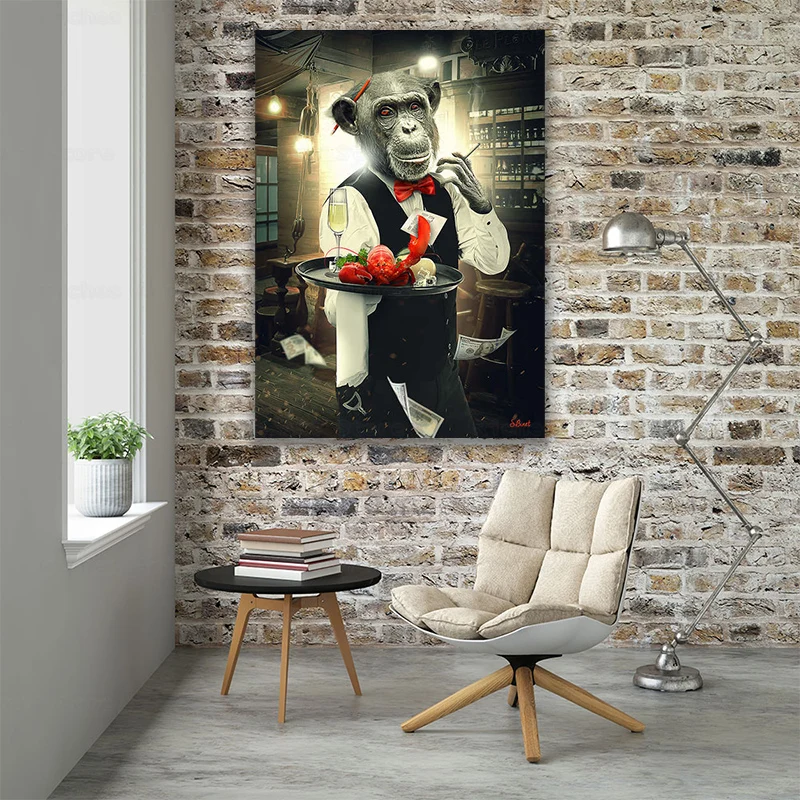 

Funny Monkey Picture Prints On Canvas Waiter Fashion Wall Art Paintings for Bedroom Living Room Frameless Wallpaper