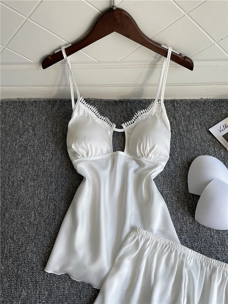 

Women Sleepwear Lace V-Neck Strap Top&Shorts Spring Summer Pajamas Set Sexy Sleep Set Thin Satin Nightwear Intimate Lingerie