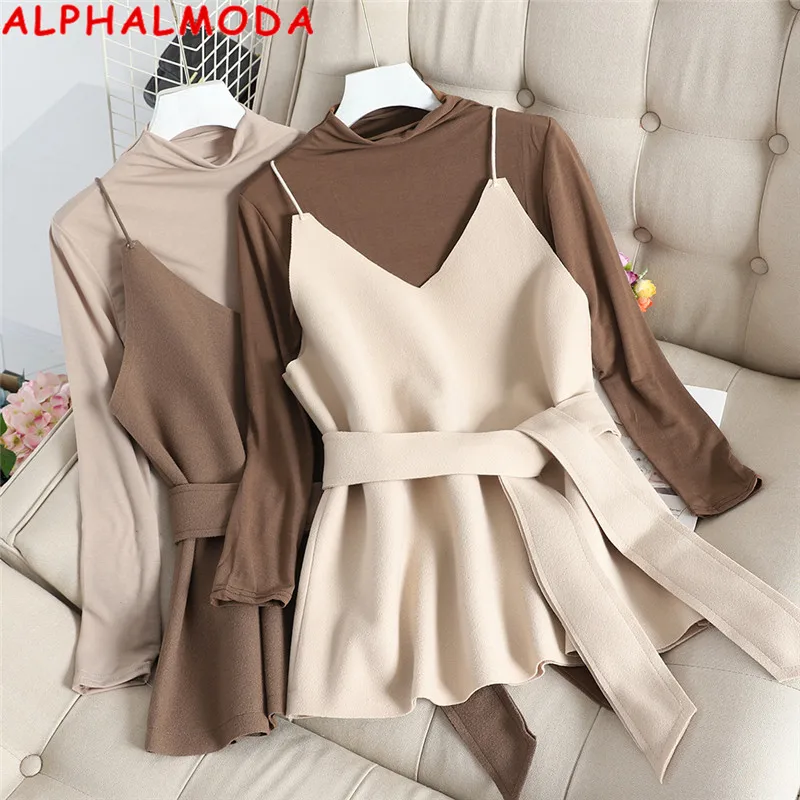 ALPHALMODA/Новинка тонкая футболка с полувысоким воротником + жилет на бретельках