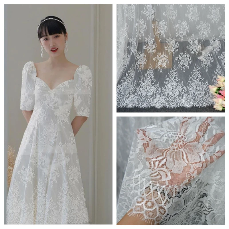 

Factory Price French Chantilly Lace Fabric 150x300cm Per Piece Eyelash Lace Off White Lady Dress Making Lace New V2392