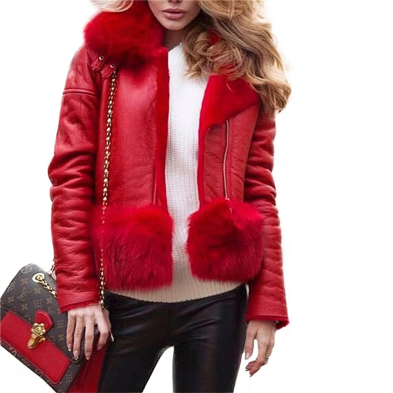 

Women Winter Genuine Sheep Leather Jacket Real Fox Fur Collar Coat Fashion Warm Natural Sheepskin Leather Merino Lamb Fur Coat