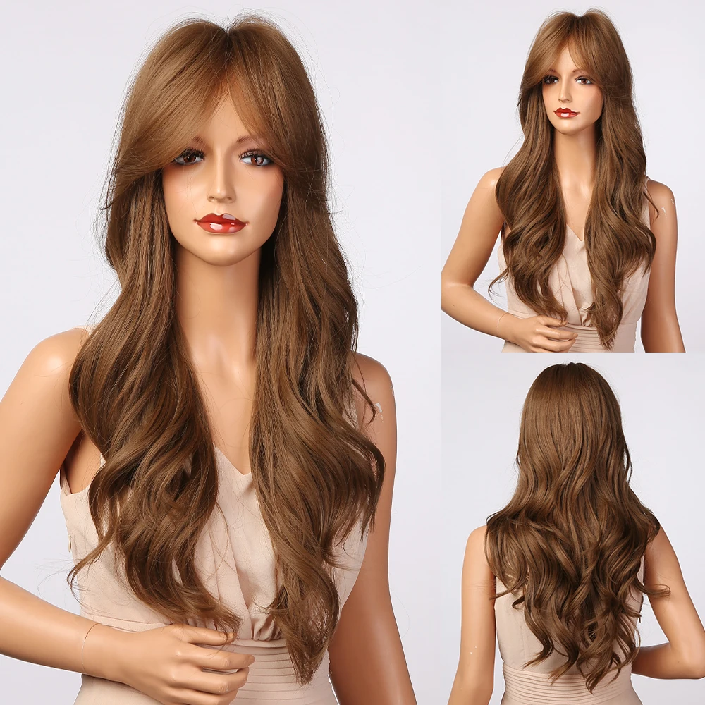 

HENRY MARGU Long Wavy Ombre Brown Blonde Wigs with Bangs Synthetic Natural Daily Wig for Women Heat Resistant Cosplay Hair Wigs