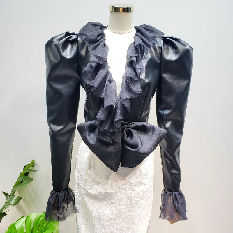 black DEAT New Autumn And Winter V-neck Flare Sleeves Ruffles Mesh Organza PU Leather High Waist Short Jacket 19F-a117-01 - Цвет: black