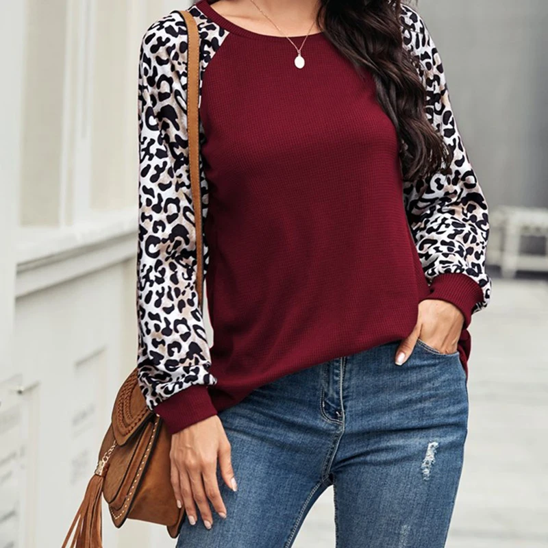 

SIDDONS Long Sleeve T-shirts Female Tops Round Neck Leopard Print Long Sleeve Tee Shirt For Women Girls Spring Autumn 2021