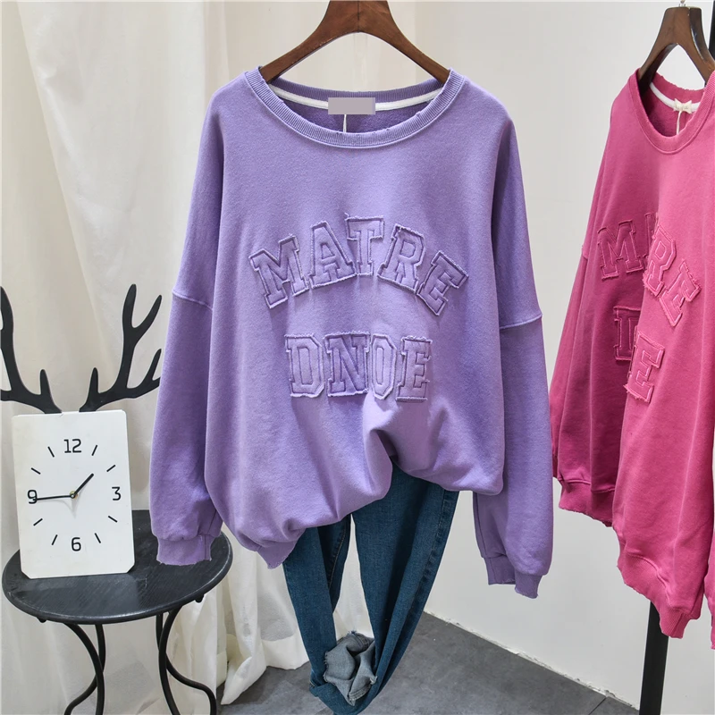 

2021 Spring Autumn Round Neck Pullover Lady Hoodie Loose Korean Large Size Simple Top Embroidered Letter Long Sleeve Sweatshirt