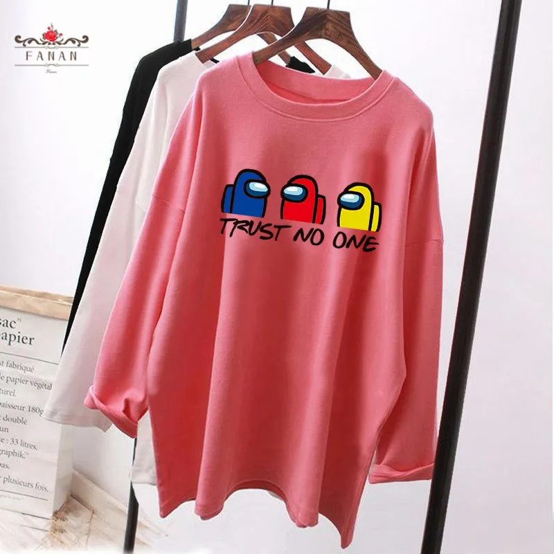 

Among Us Cartoon T-Shirt Long Sleeve Cotton Loose Mid-length Top Spring Casual Tees Hot Game Anime Print Female Homewear
