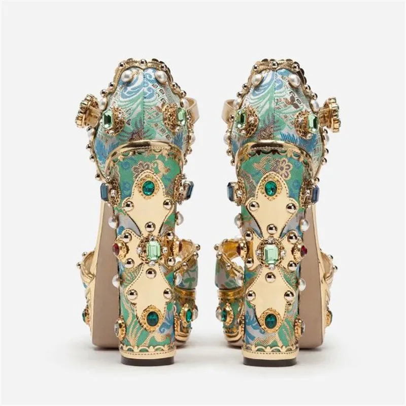 2019Aqua Blue Gemstone Platform Sandals Super High Heel Metal Decor Luxury Party Shoes Women Formal Bridal Wedding | Обувь