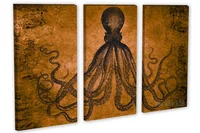 Octopus Triptych Canvas Print Wall Art Copper Brown 3 Panel Split Art For Home Office Wall Decor Interior Design
