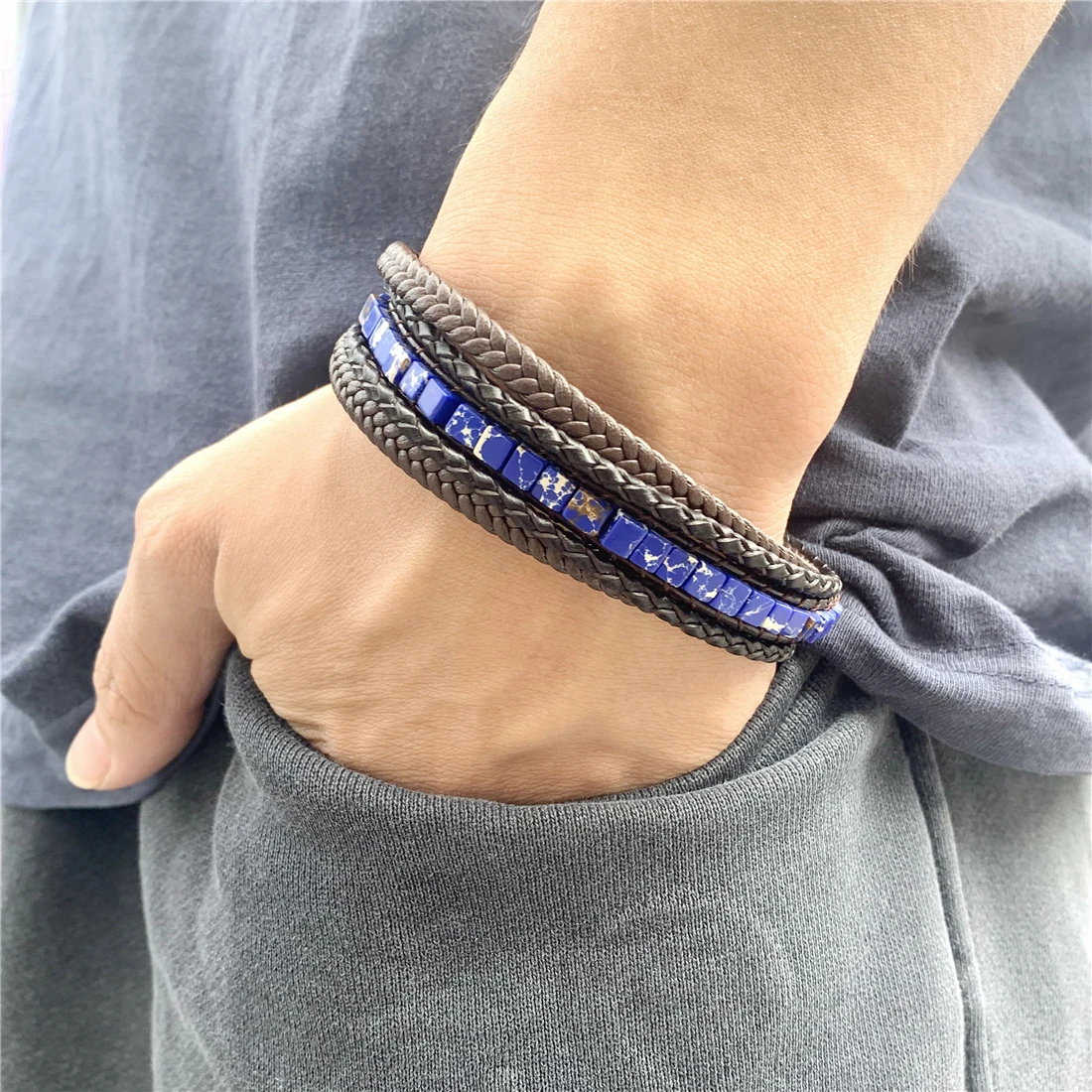

Fashion Braided Multi-layer Genuine Leather Bracelets Men Emperor Stone Rope Stainless Steel Charm Bracelet Women Male Jewelry