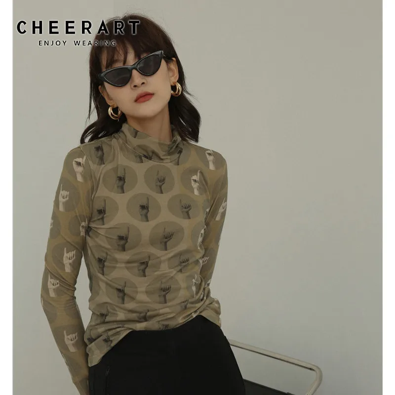 

CHEERART Vintage T Shirt Turtle Neck Long Sleeve Top Aesthetic Tight Tee Shirt Femme Underwear Women Fall Clothes