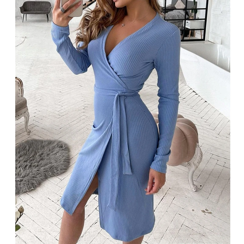 

V-shaped dress with belt women's summer long arm sleeve fit coat sexy dress high waist dress color blue