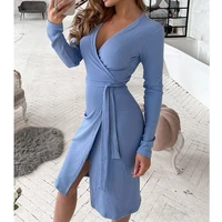 v shaped dress with belt womens summer long arm sleeve fit coat sexy dress high waist dress color blue
