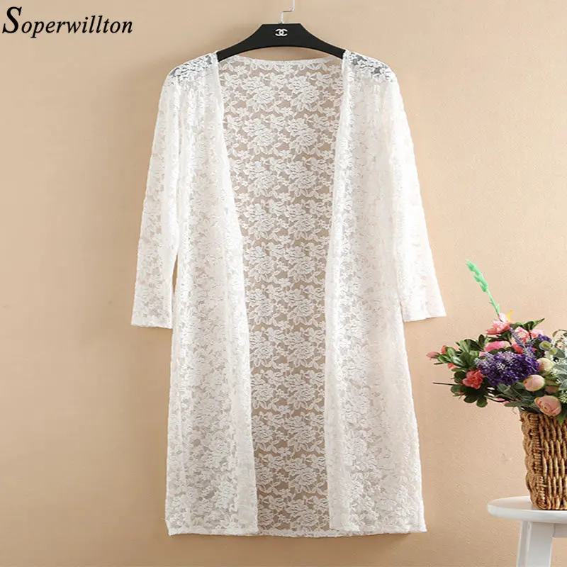 Лето 2019 кимоно кардиган белый черный кружевная Солнцезащитная блуза Женская