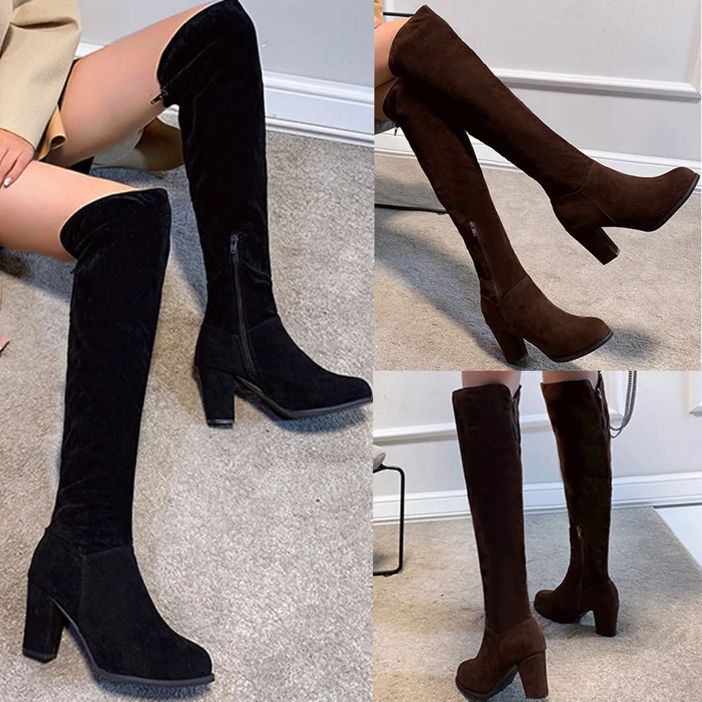 Женские модные зимние сапоги на высоком каблуке молнии из флока пикантные теплые