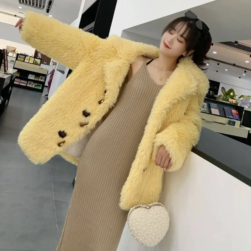 Женское пальто с искусственным мехом осенне зимнее теплое плюшевое плюшевой