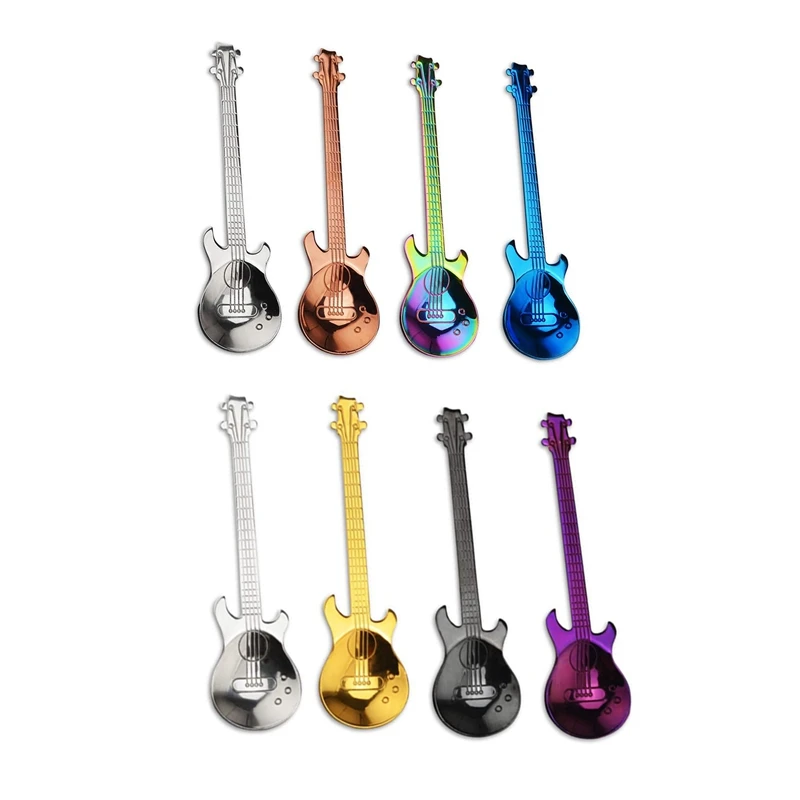 

2 Set Guitar Spoons: 1 Set Of 4 Guitar Shaped Stainless Steel Coffee Spoon & 1 Set Of 4 Demitasse Spoons Dessert Spoons