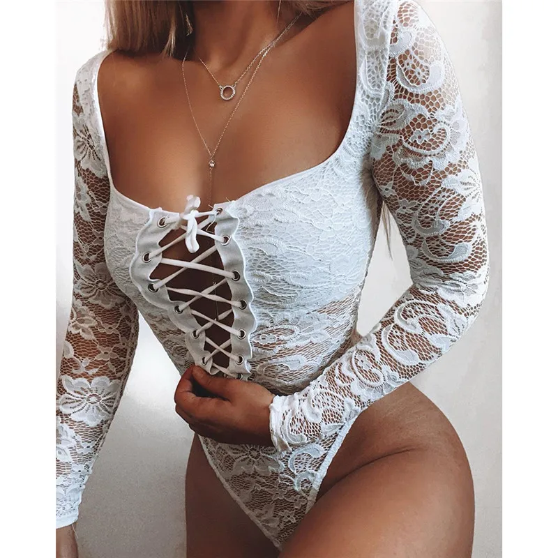 

White Hollow Out Lace Bodysuit Women Spring Autumn Clothes Long Sleeve See Through Sexy Criss Cross Jumpsuit Romper Female