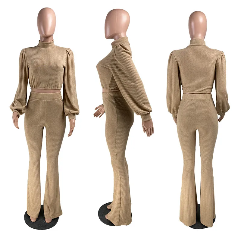 

Two Piece Set Women Sweat Suits Casual Bell Bottoms Fashion Lantern Sleeve Tops Stretch Winter Clothes Wholesale Dropshipping