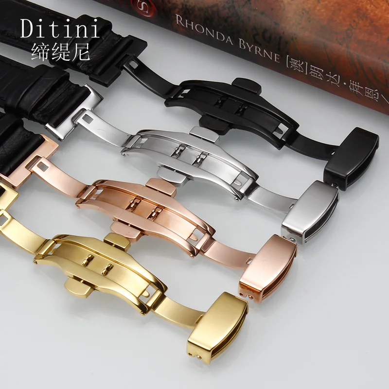 

cowhide leather watchstrap genuine leather green black watch wristband with butterfly buckle 19 20 21 22mm men women accessories