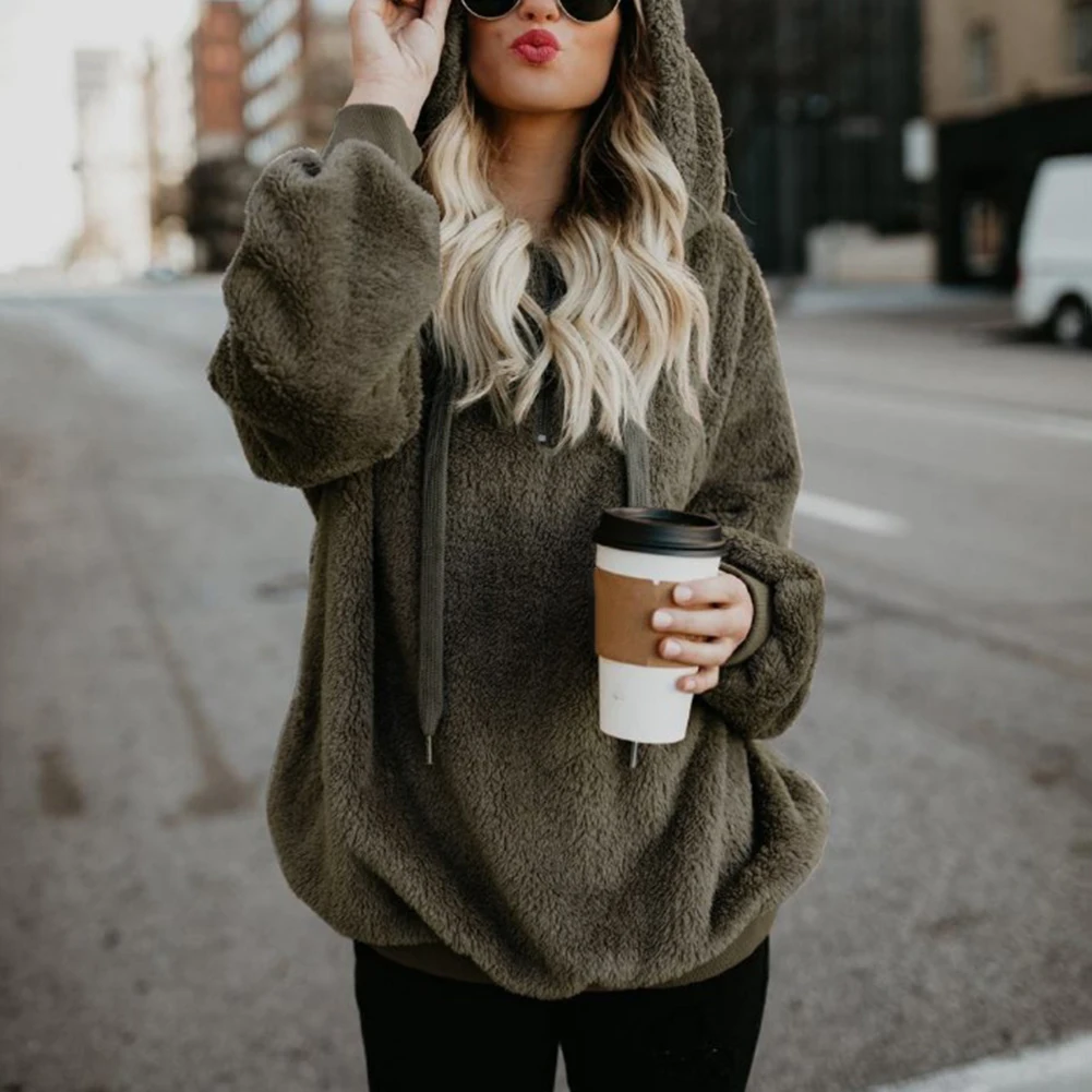 Women Autumn Winter Fleece Hoodie Solid Color Long Sleeve Drawstring Hooded Sweatshirt Loose Ladies Pullover