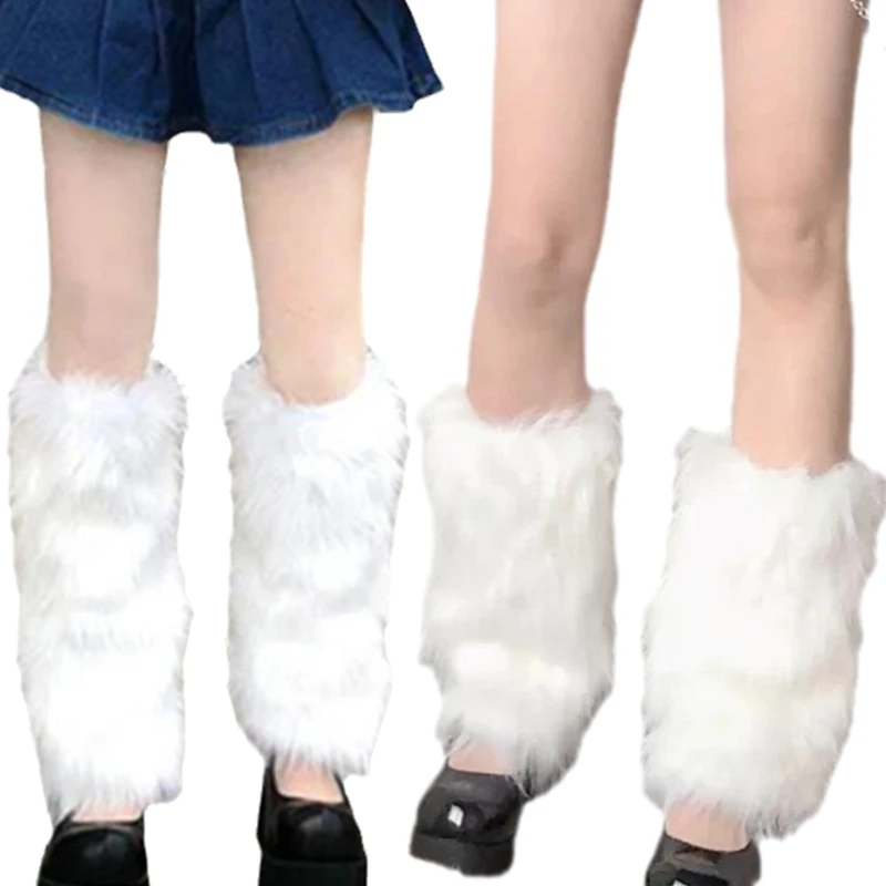 

Japanese Lolita White Faux Fur Leg Warmers Women Girls Furry Fuzzy Plush Boot Cuffs Top Cover Student Uniform Calf Socks