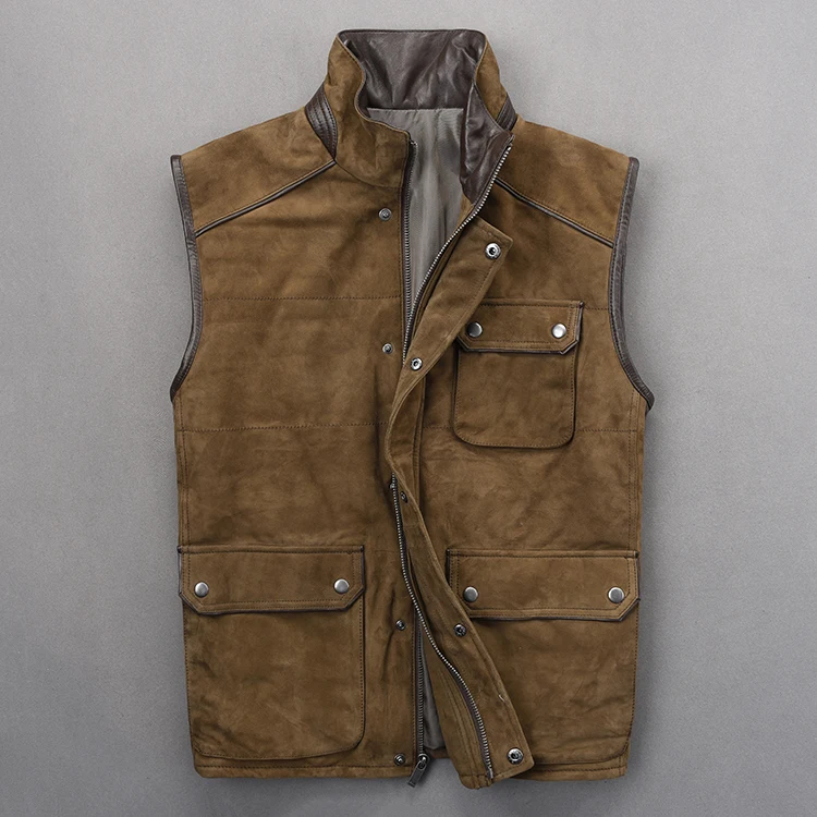 

Новинка кожаный Осенний жилет мужской стоячий воротник облегающий локомотивный кожаный жилет плюс хлопок скраб жилет из овчины для мужчин