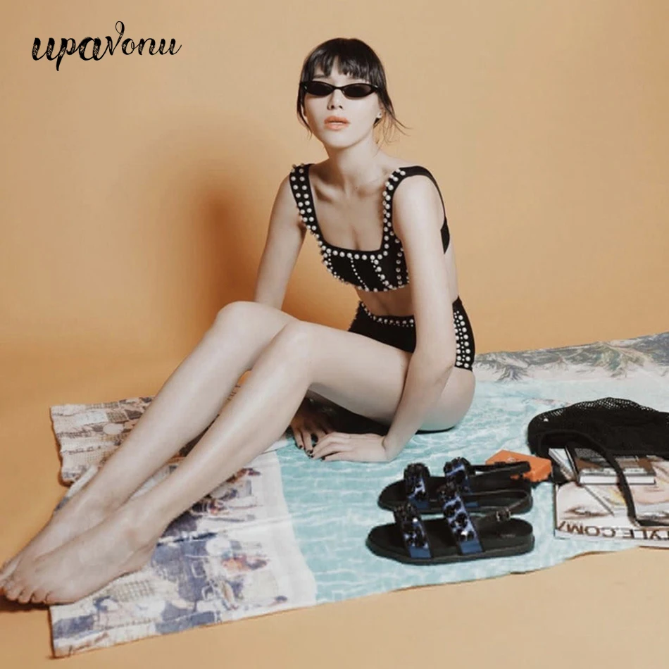 

2020 New Fashion Bandage Set Two-Piece Women'S Sexy Square Collar Sleeveless Beaded Short Vest Briefs Beach Vacation Style Suit