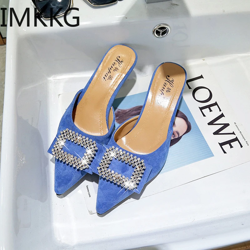 Шлепанцы женские без задника повседневные сандалии с кристаллами застежки сланцы элегантная обувь для