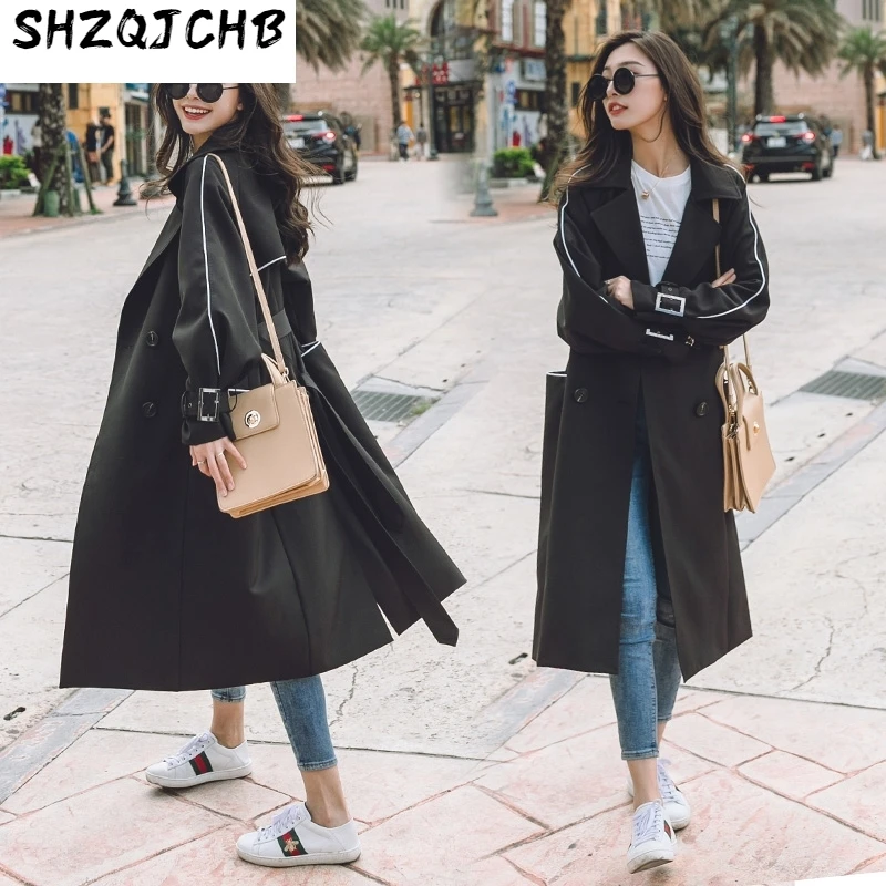 

JCHB 2021 AYUSNUE New Fashion Chic Double Breasted Long Trench Coat Women Blue Belt Windbreaker Female Overcoat Abrigos Mujer L