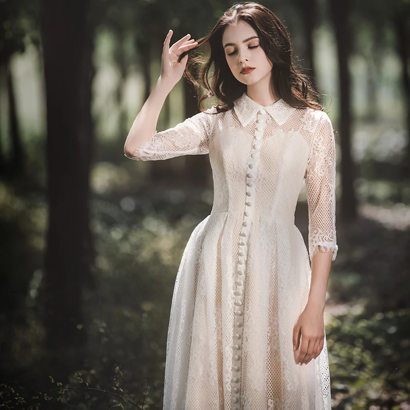 Elegant Lace Wedding Dresses Queen Abby A-line High Neck 3/4 Sleeves Tea-length Zipper-up Bridal Gowns For Plus size |