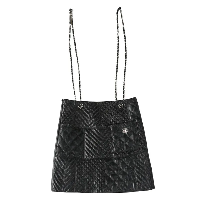 

2021 New Style Womens Strap Leather Skirt High Waist Chain Ladies Skirts Autumn High Street Black Sheepskin Skirt Women Winter