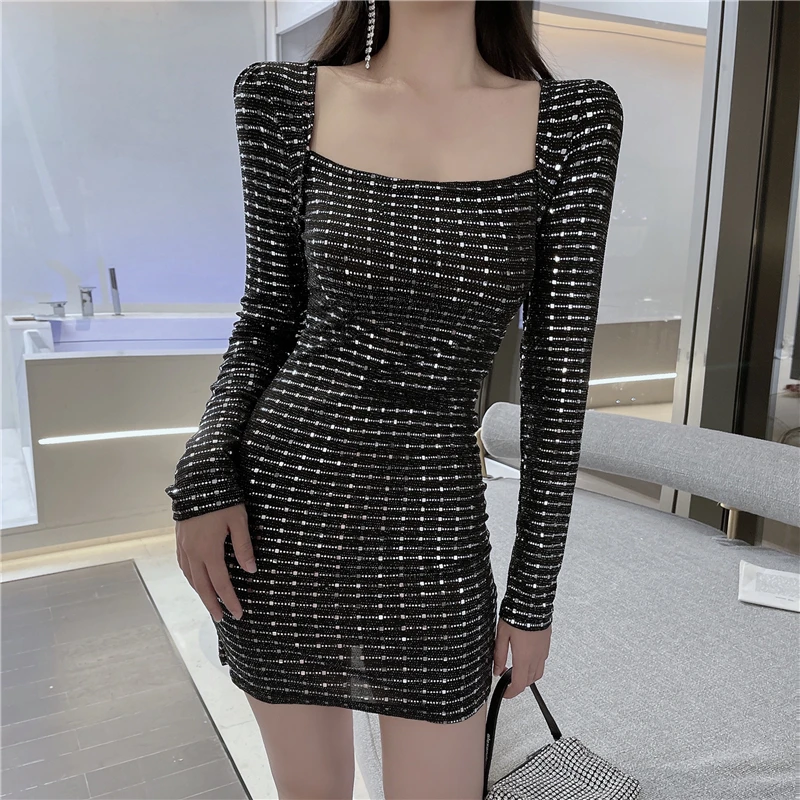 

2021 Fall Sexy Square Collar Sequins Long Sleeve Corset Mini Dress Women Y2k Gothic Club Bodycon Party Streetwear Black Dresses