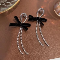 minimalist retro black velvet bowknot long tassel clip earrings for women shiny rhinestone tie bow drop ear clips party jewelry