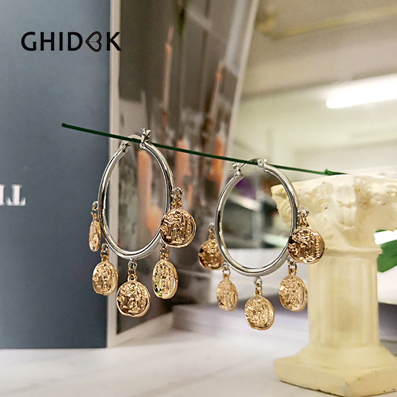 GHIDBK золотые и серебряные маленькие монеты ангела очаровательные серьги-кольца ручной работы большой круг и крошечные серьги с подвесками женские нежные обручи