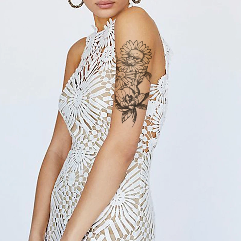 

Temporary Tattoo Stickers Black Peony Spike Leaves Sunflowers Smiley Totem Fake Tattoos Waterproof Tatoos Arm Large Size Women