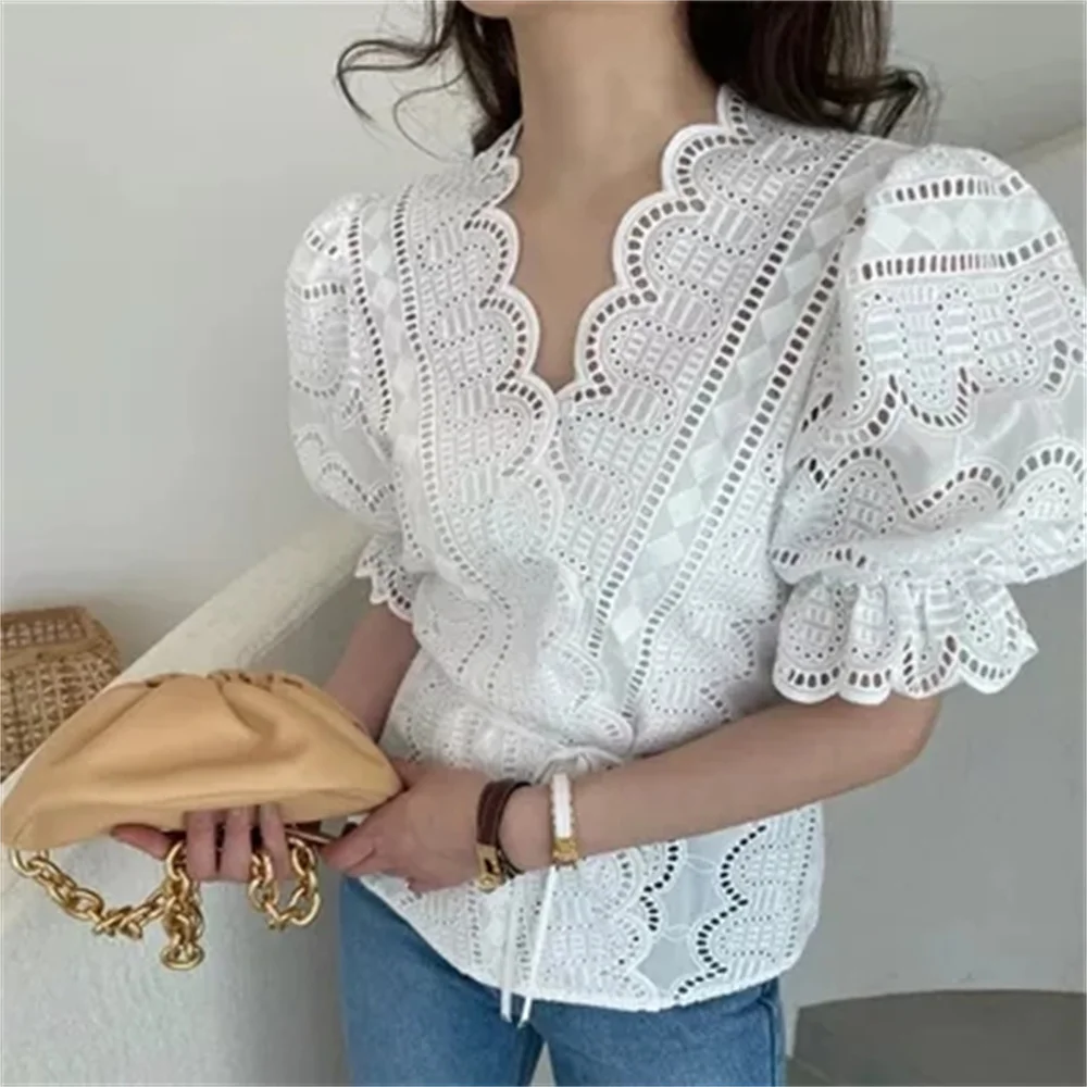 

HziriP 2021 Hook Flowers Chic All Match V-Neck Lady Slim Loose Blouses Femme Elegance Short Sleeves Casual Outwear Tops Shirts