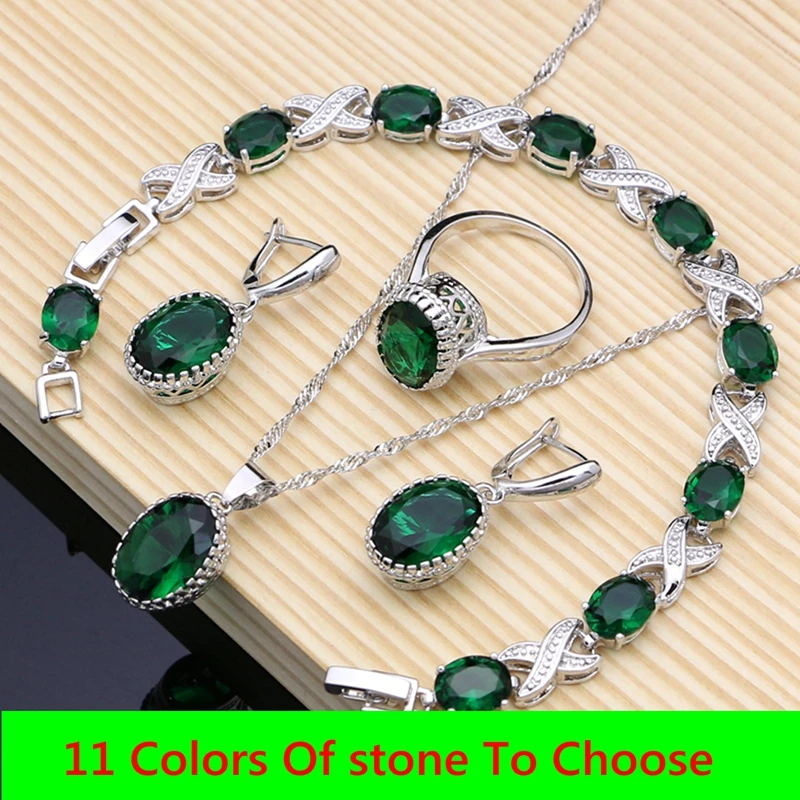 

925 Sterling Silver Jewelry Green Emerald White CZ Jewelry Sets Women Earrings/Pendant/Necklace/Rings/Bracelet