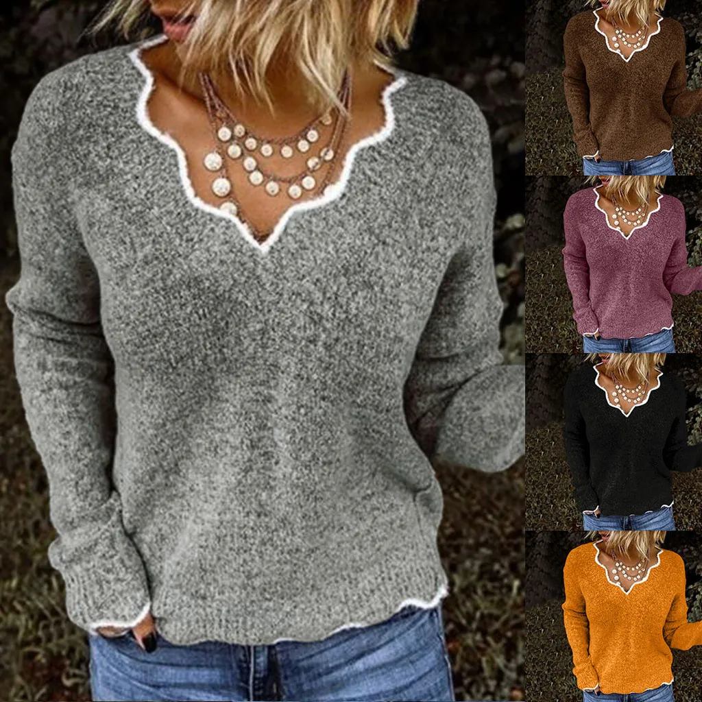 

Woman Sweaters Casual Slim Knitted Sweater Long Sleeve Ladies Sweater V-Neck Pullover Jumper Autumn Winter Fashion Clothing #BL2