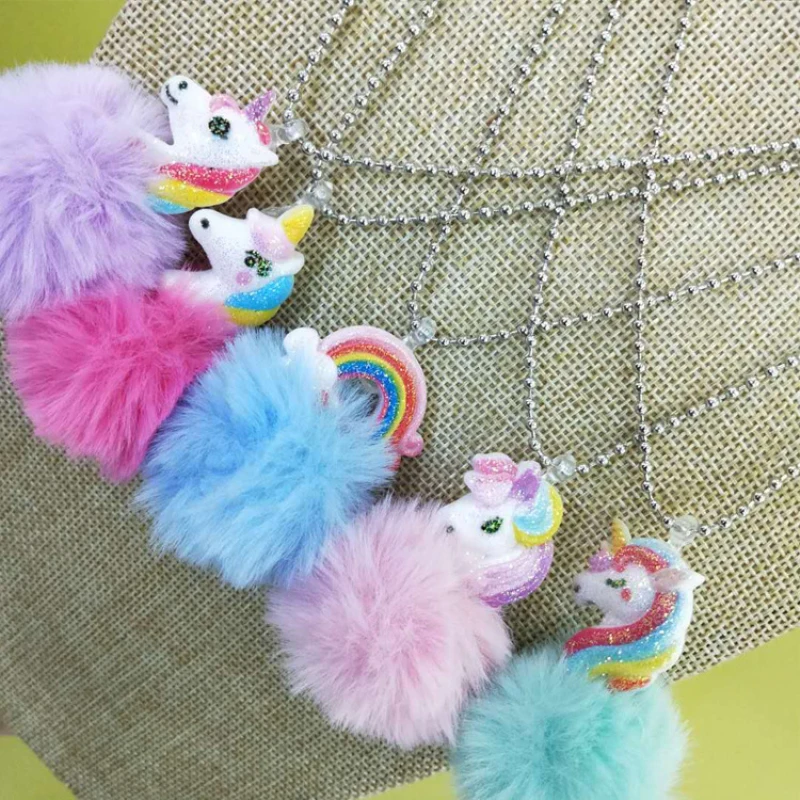 

Cute Unicorn Rainbow Plush Ball Pendants Necklace Child Charms Chain Necklace For Baby Party Girls Gifts