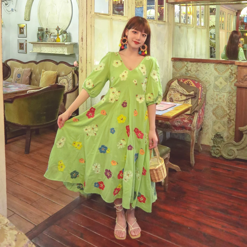 

2021 Newest Summer Robe Femme High End Colorful Flower Embroidery Big V-Neck Ethnic Wind Cotton Linen Largesize Loose Dress