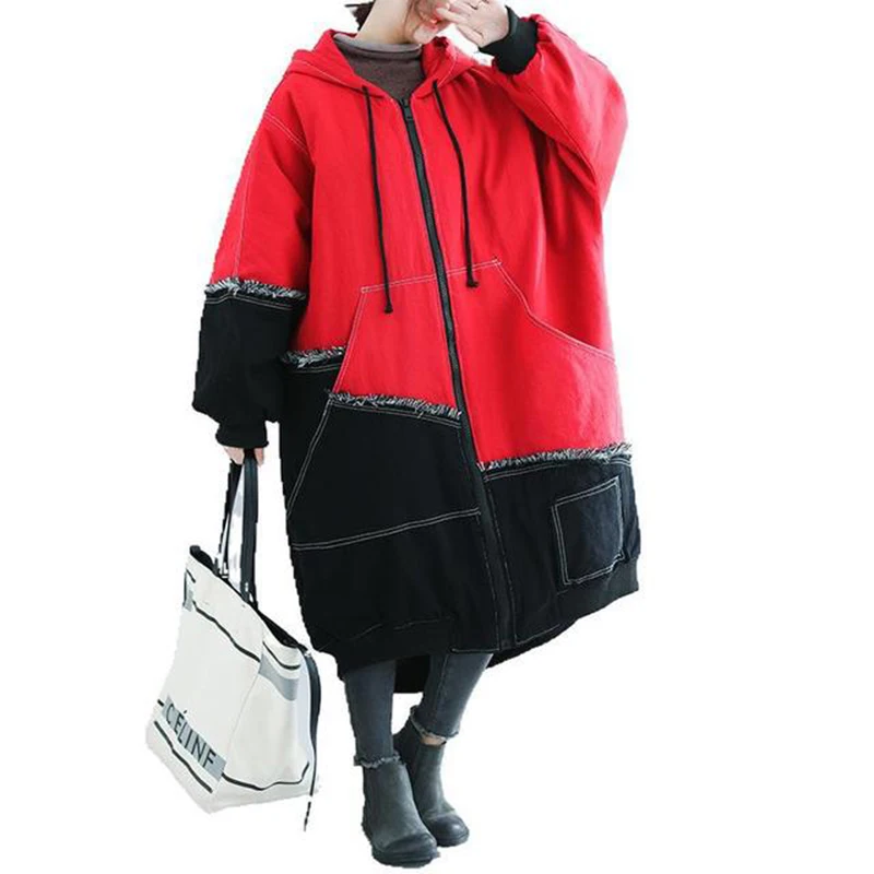 Женское джинсовое пальто с капюшоном Длинное свободное утепленное из хлопка