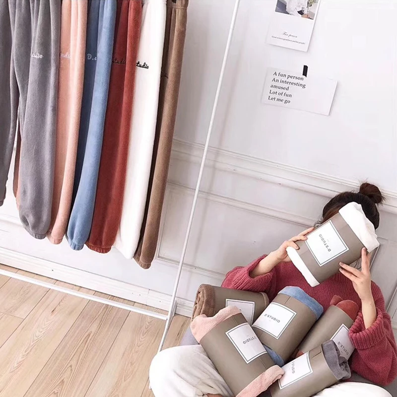 Jielur пижамные штаны Зимняя теплая однотонная мягкая одежда ropa mujer из бархата кораллового цвета для отдыха флисовые штаны с буквенным принтом одежда для сна