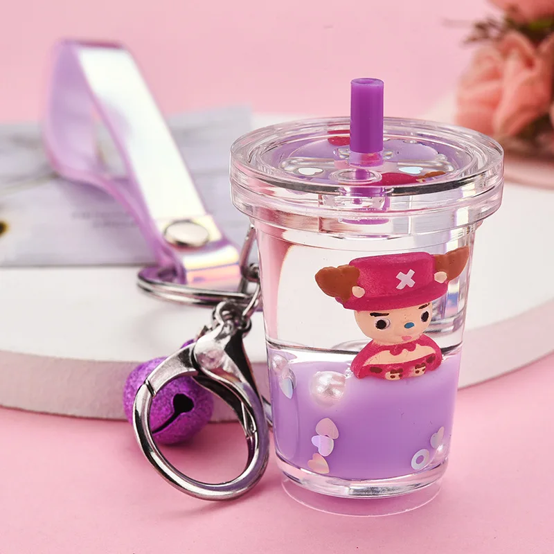 Acrylic Quicksand Milk Tea Cup Keychain Creative Floating Cartoon Chopper Anime Keyring for Men Boy Bag Pendant Key Chains Gifts | Украшения