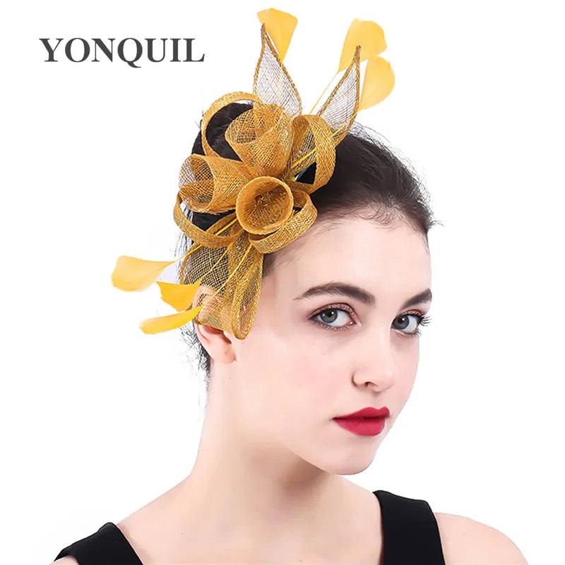 

Elegant Women Gold Hair Fascinators Hat On Hair Comb Multicolors For Select Ladies Fancy Feather Wedding Hair Accessories SYF402