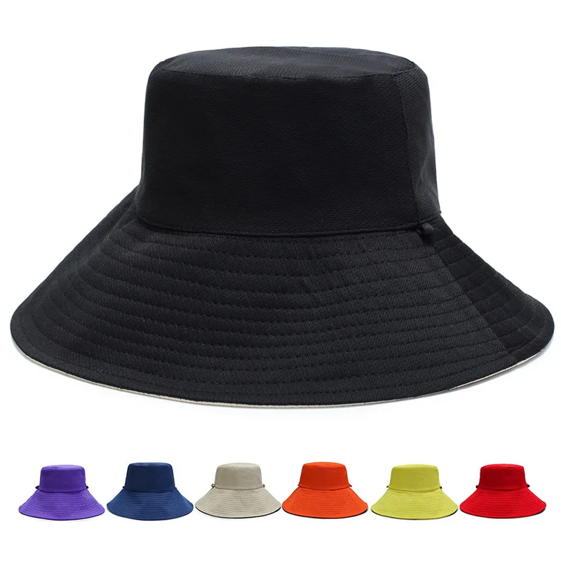 

Korean Summer Fishing Bucket Hat double-sided with windproof rope Hip Hop Wide Brim Beach UV Protection Round Top Sunscreen cap