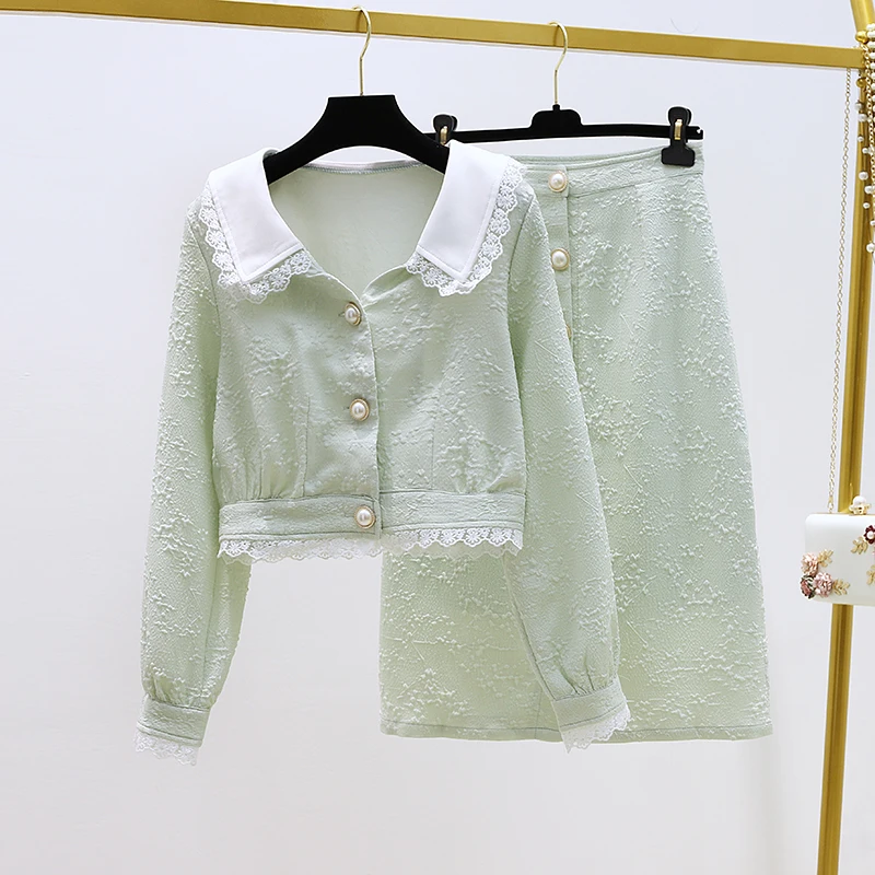 

Korea Autumn New 2020 Fashion Women Skirt Suit Peter Pan Collar Lace Spliced Jacquard Tops Pearls Button Long Skirt 2 Piece Set