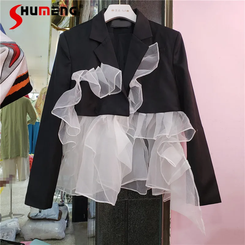 

2021 Spring New Black Notched Long Sleeve Irregular Short Blazer Ladies Stitching Mesh Lace Slim Fit Suit Coats Women Jacket