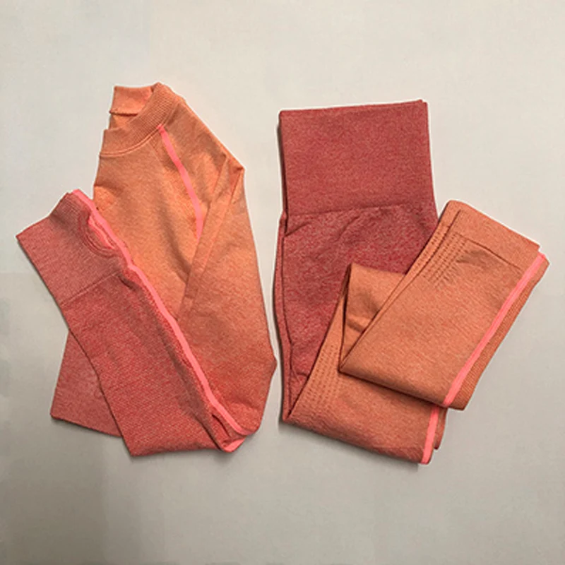 

Women Yoga Set Ombre Seamless Leggings Sports Bra Long Sleeve Crop Top Shirt High Waist Fitness Sports Suit Active Wear