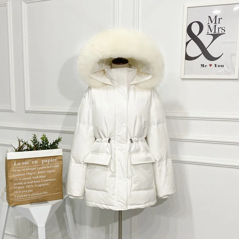 Down Jacket Women's Waist Closing Drawstring Artifical Fur Hooded Thickened Slim Elegant Office Lady Warm Parker Winter Coat