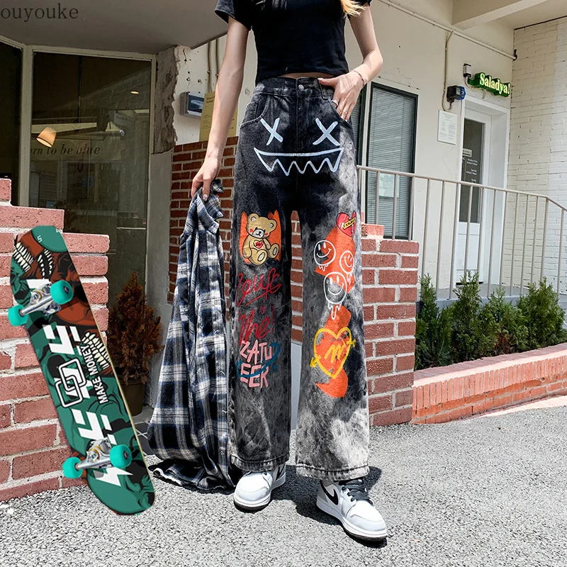 

2022 Super size Men's and women's Printed jeans Y2K Loose jeans Women's Hip Hop pants Jeans Black high waist pants Straight 5XL